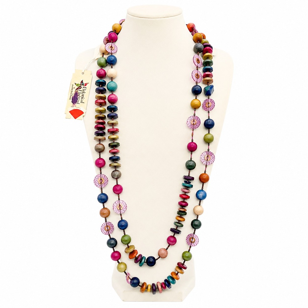 Tribal Boho 70" Wood Bead Rope Necklace Botanical Harvest Philippines NWT